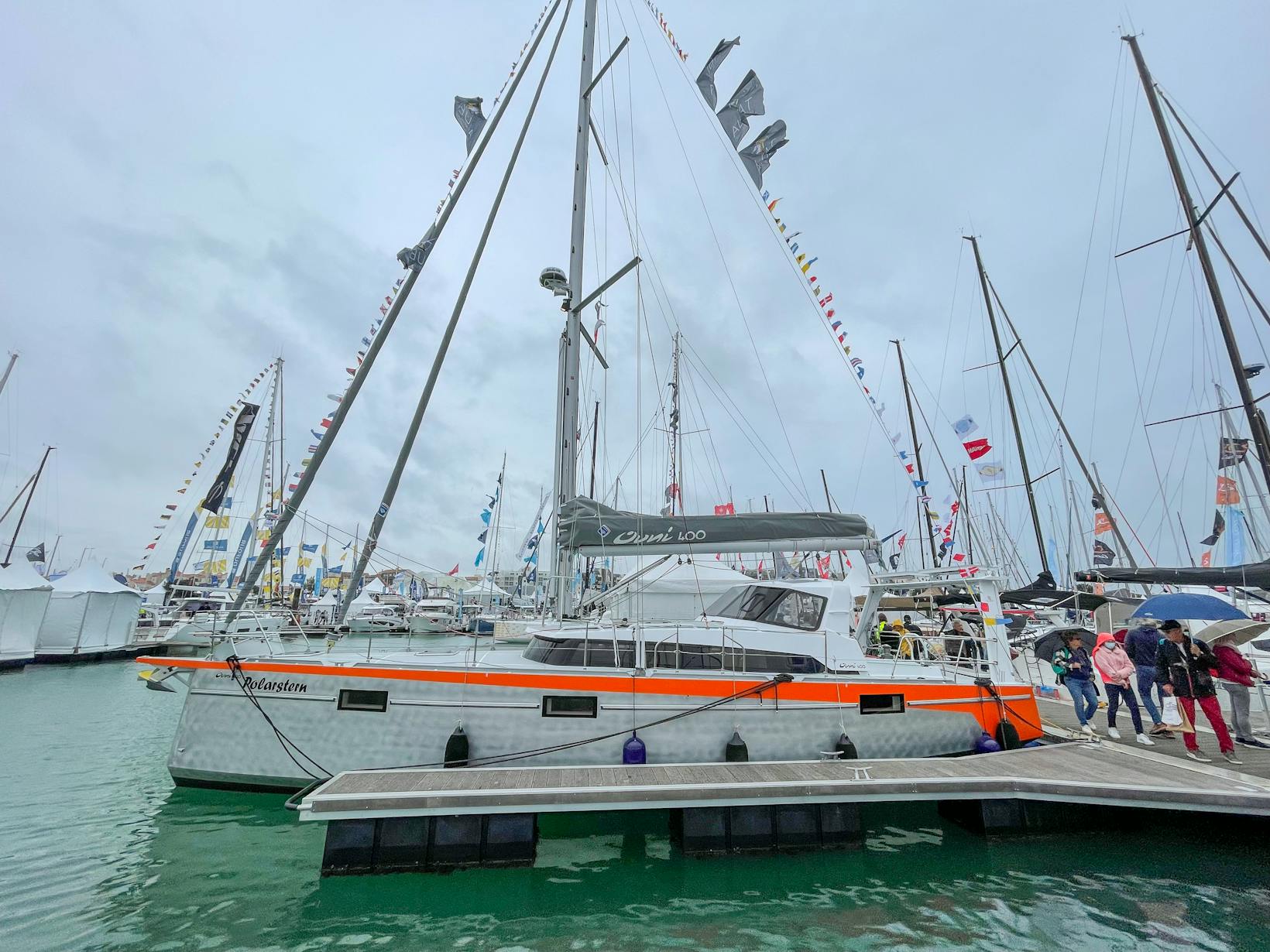 OVNI 400 "Polarstern" with the characteristic hard aluminium dodger at the Grand Pavois in La Rochelle, 2021